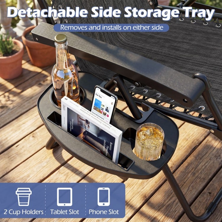 Detachable side storage tray with cup holders and slots for phone and tablet on a gray portable zero gravity chair.