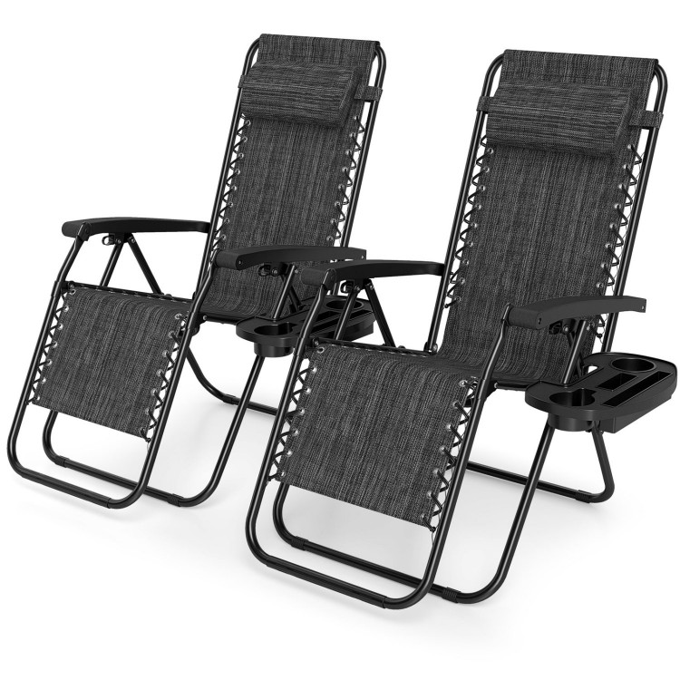 Set of 2 gray portable zero gravity chairs with cup holder trays, adjustable pillows, and folding frames for easy.