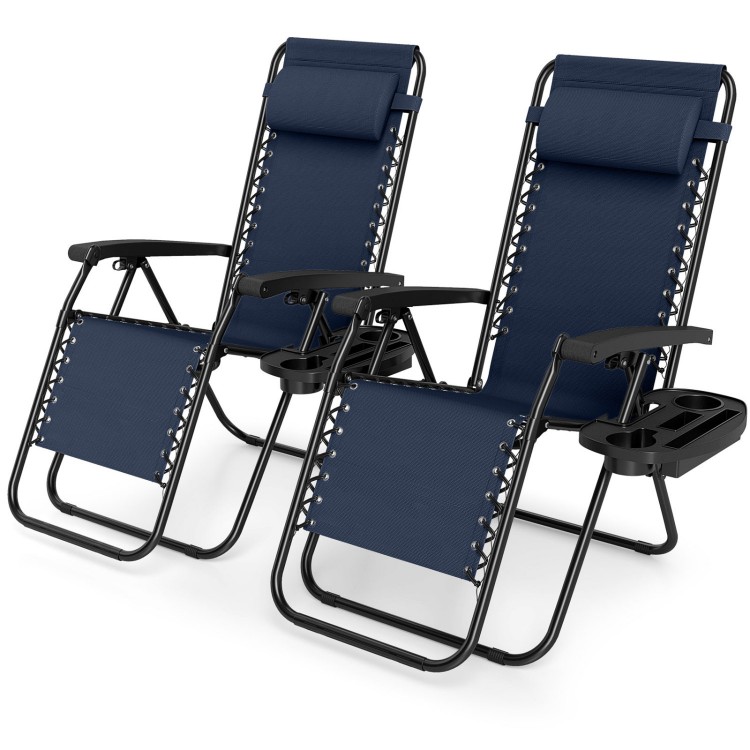 Set of 2 navy portable zero gravity chairs with cup holder trays, featuring adjustable backrests for outdoor relaxation.