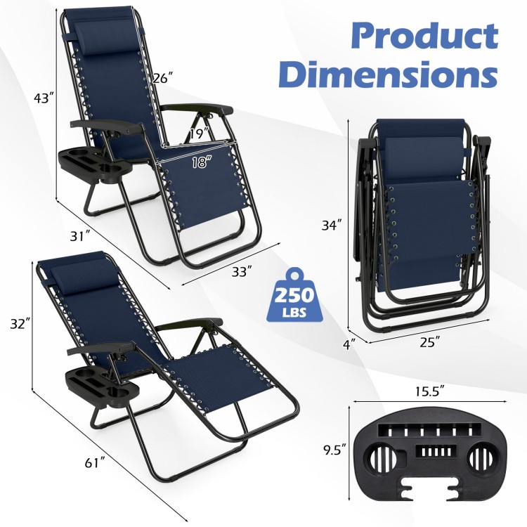 Portable zero gravity chair set of 2 in navy with adjustable backrest and cup holder trays for outdoor relaxation.