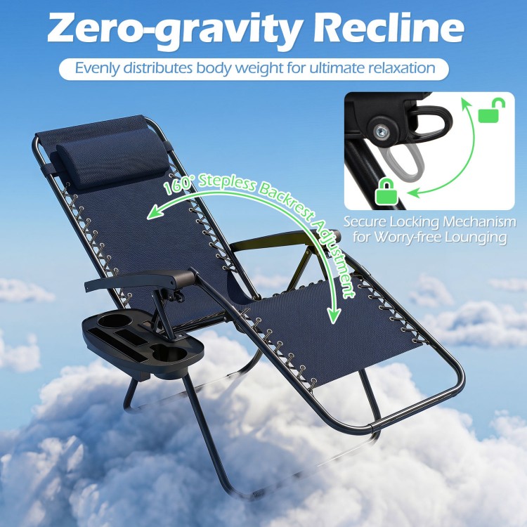 Portable zero-gravity chair in navy with adjustable backrest, cup holder tray, and breathable fabric for outdoor.