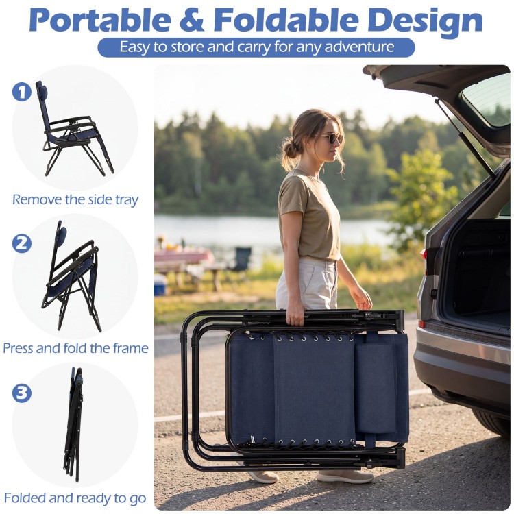 Portable zero gravity chair in navy with cup holder tray, folded for easy transport and storage, ideal for outdoor.