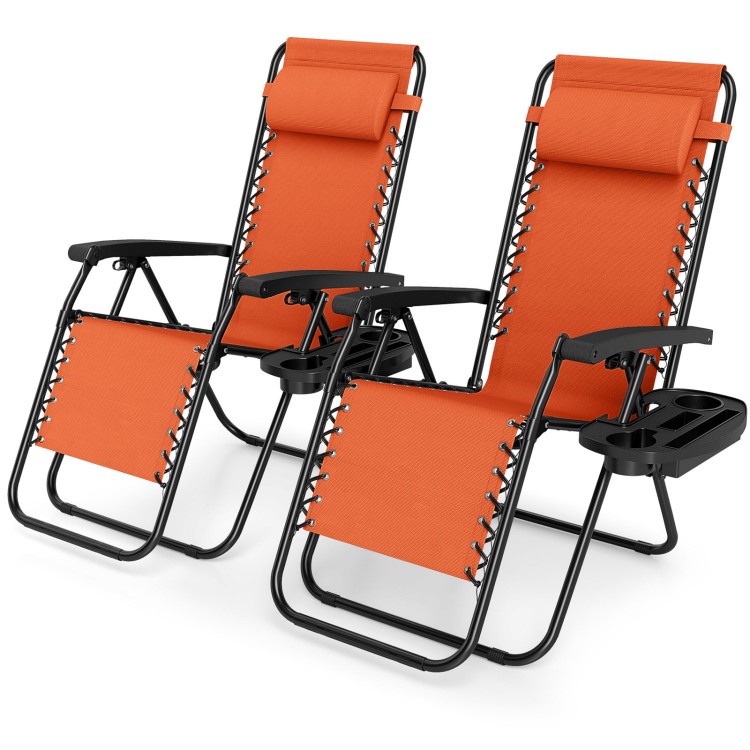 Set of 2 orange portable zero gravity chairs with cup holder trays, featuring adjustable backrests for outdoor.
