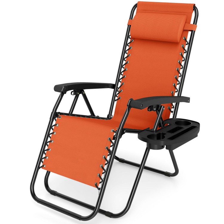 Portable orange zero gravity chair with adjustable backrest and cup holder tray for outdoor relaxation.