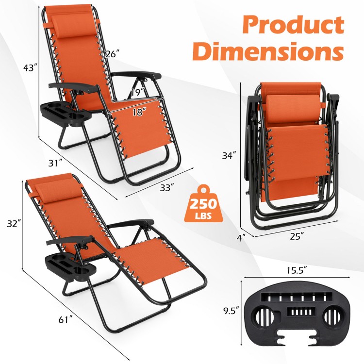 Portable zero gravity chair set of 2 in orange with cup holder trays, adjustable pillow, and folding design for easy.