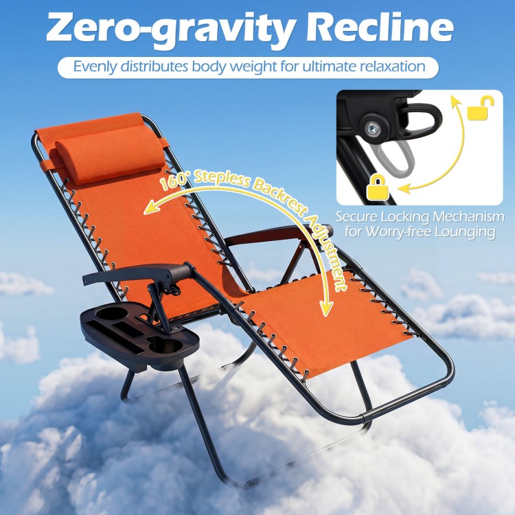 Portable orange zero-gravity chair with adjustable backrest, cup holder tray, and lightweight folding design for.