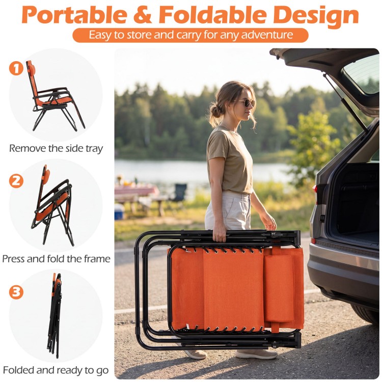 Portable zero gravity chair set of 2 in orange, featuring a foldable design and cup holder trays for easy transport.