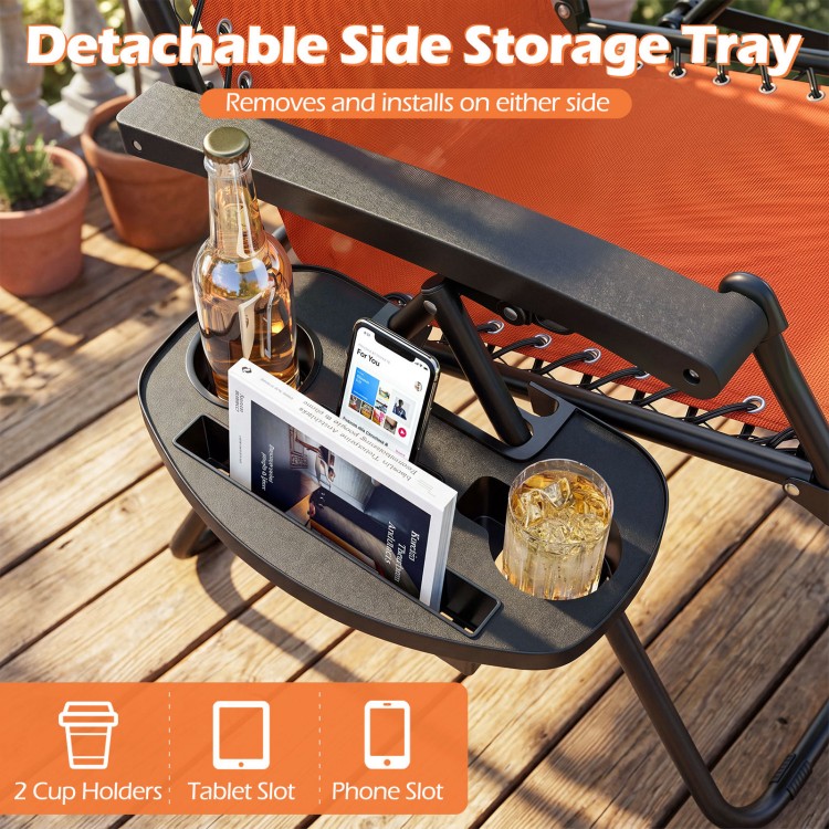 Detachable side storage tray for portable zero gravity chairs, featuring cup holders and slots for phone and tablet.