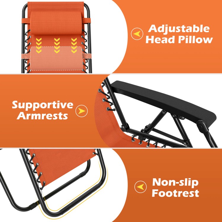 Adjustable head pillow and supportive armrests of the orange portable zero gravity chair for ultimate relaxation.