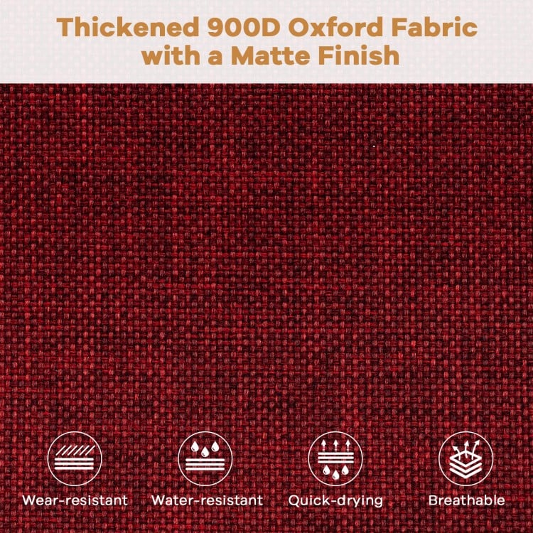 Close-up of thickened 900D Oxford fabric in red, showcasing its wear-resistant, waterproof, and breathable qualities.