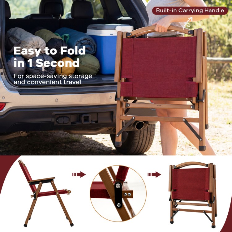 Portable folding camping chair in red with bamboo frame, easy to carry, perfect for outdoor leisure and travel.