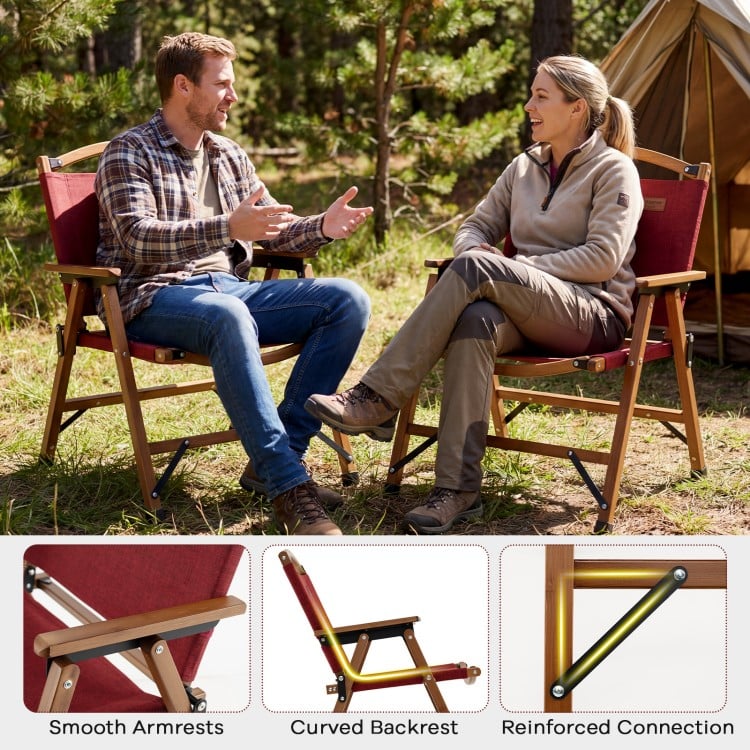 Portable folding camping chair in red with a bamboo frame, smooth armrests, and curved backrest for outdoor comfort.