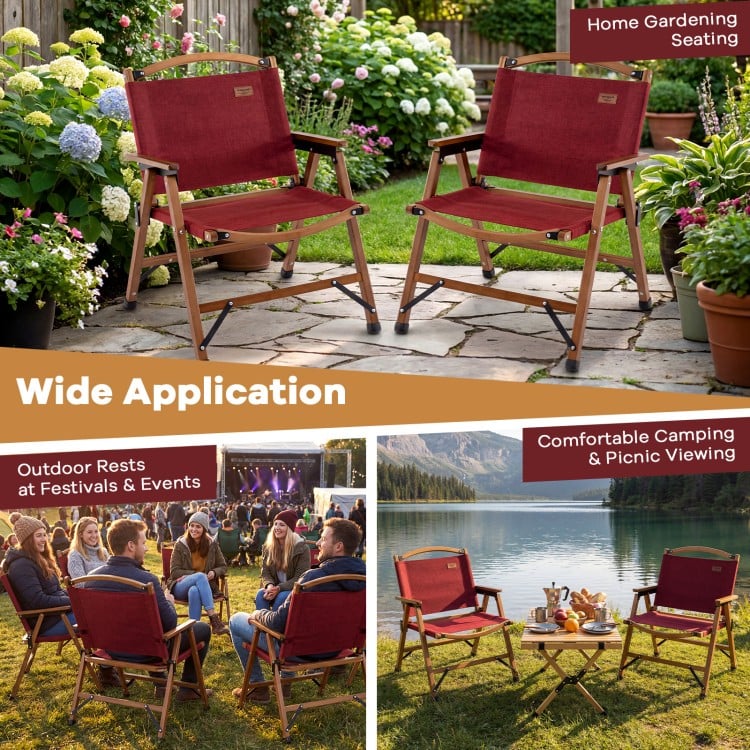 Portable red folding camping chair with bamboo frame, perfect for outdoor picnics and comfortable leisure seating.