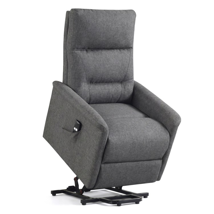 Power lift recliner chair in gray with remote control, side storage pocket, and electric lift for elderly comfort.
