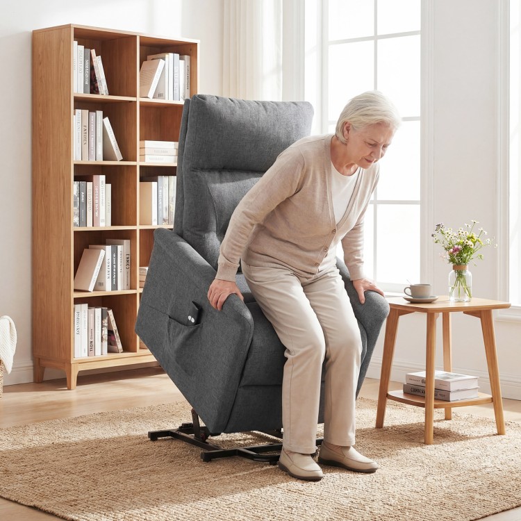 Power lift recliner chair in gray, featuring electric lift, remote control, and side storage pocket for elderly comfort.