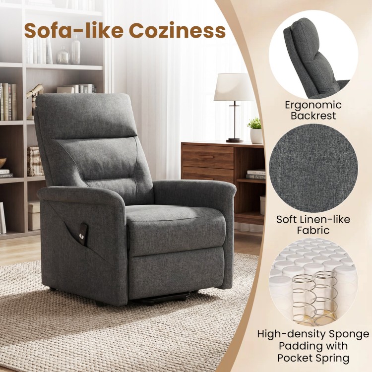 Power lift recliner chair in gray with ergonomic backrest, remote control, and side storage pocket for elderly comfort.