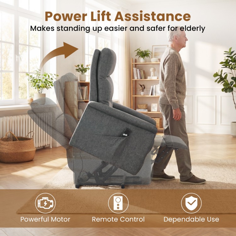 Power lift recliner chair in gray with remote control, designed for elderly comfort and easy standing assistance.