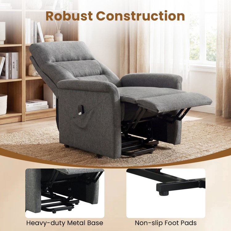 Power lift recliner chair in gray with remote control, featuring a heavy-duty metal base and side storage pocket for.