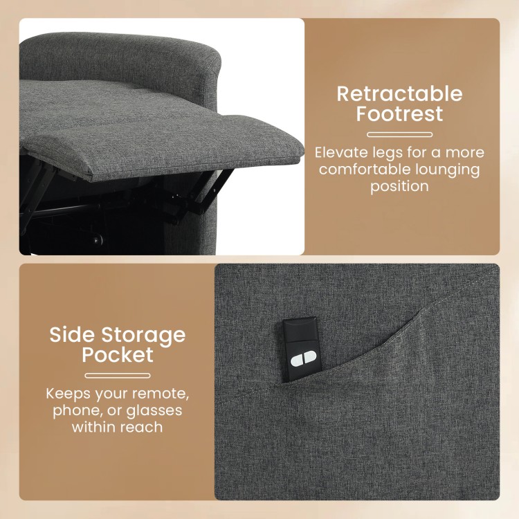 Retractable footrest and side storage pocket of a gray power lift recliner chair for elderly comfort and convenience.