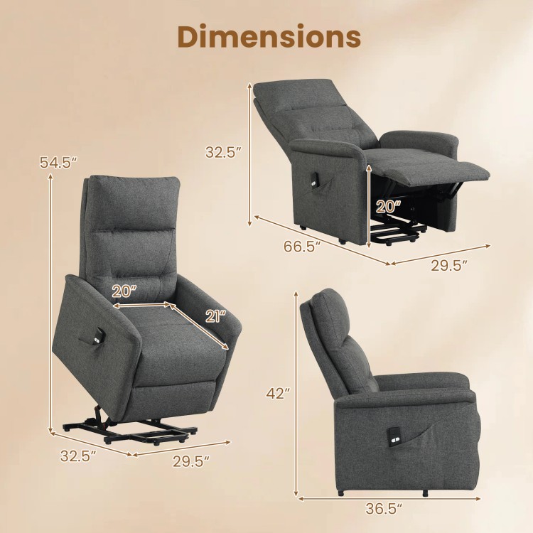 Power lift recliner chair in gray with dimensions, featuring electric lift, remote control, and side storage pocket.
