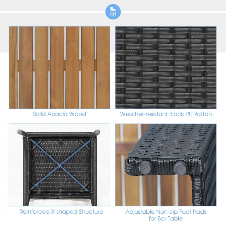 Close-up of solid acacia wood tabletop with weather-resistant black PE rattan, showcasing sturdy construction and.