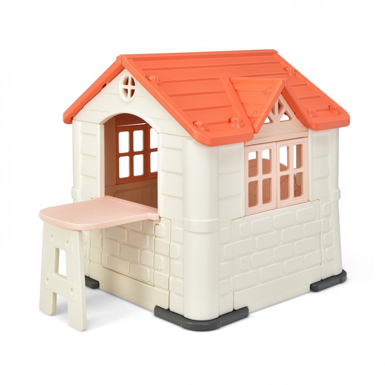 Colorful kid’s playhouse toy set made of durable HDPE, featuring open doors and windows for indoor and outdoor fun.