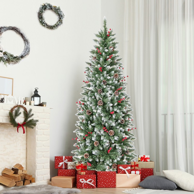 Pre-lit 5ft artificial pencil Christmas tree with pine cones and red berries, perfect for festive home decoration.