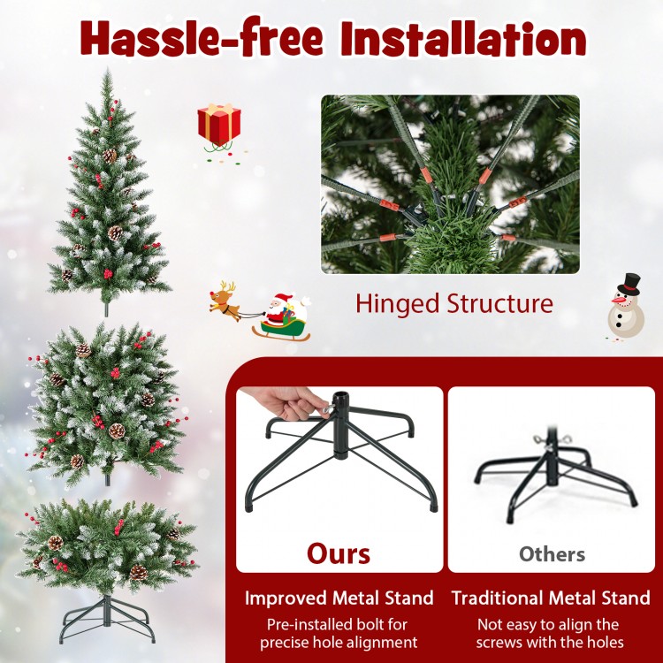 Pre-lit 5ft artificial pencil Christmas tree with pine cones and red berries, featuring a hinged design for easy.