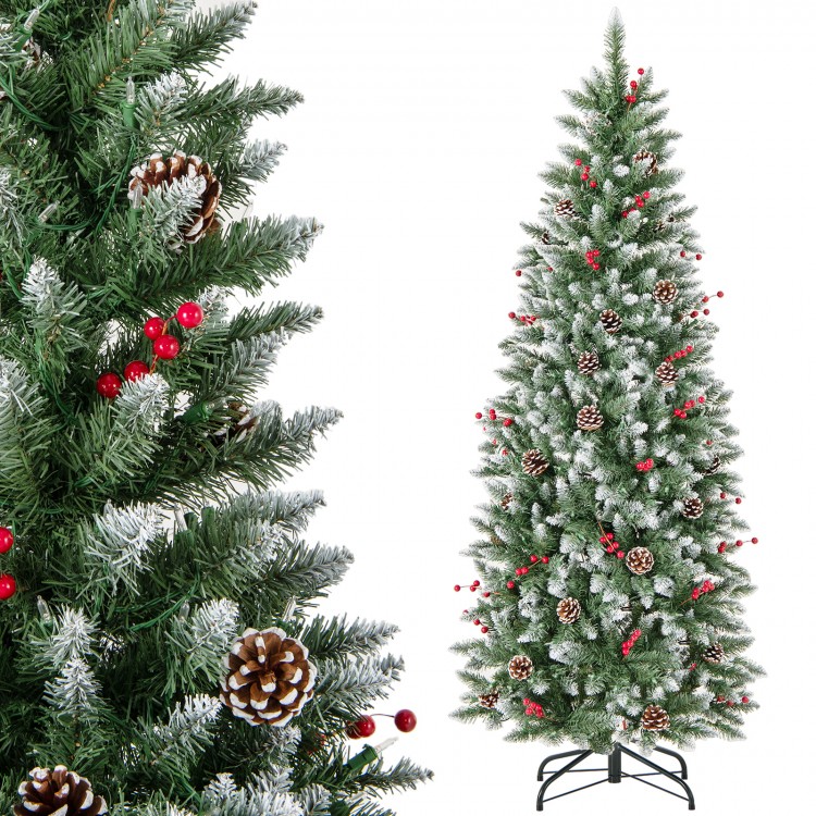 Pre-lit 5ft artificial pencil Christmas tree with pine cones and red berries, perfect for festive home decor.