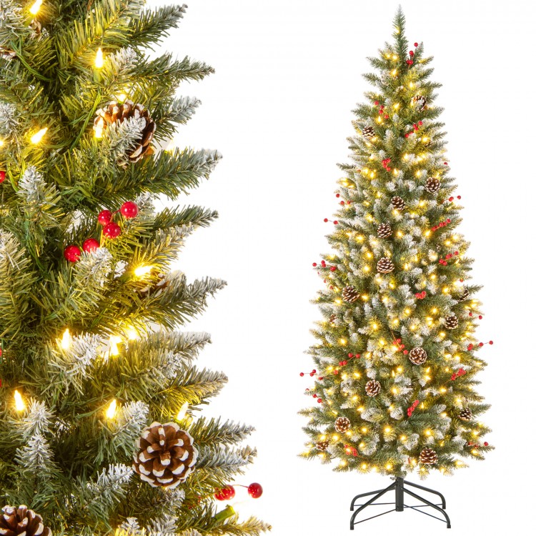 Pre-lit 6 ft artificial pencil Christmas tree with pine cones and red berries, featuring 250 warm white lights for.