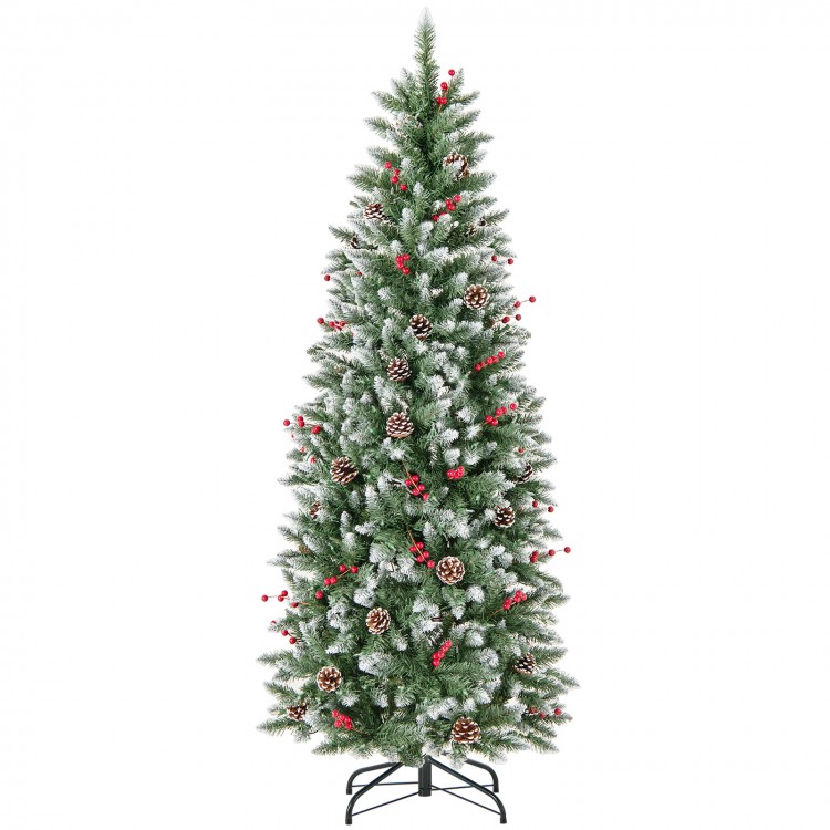 Pre-lit 5 ft artificial pencil Christmas tree with pine cones and red berries, perfect for festive home decoration.