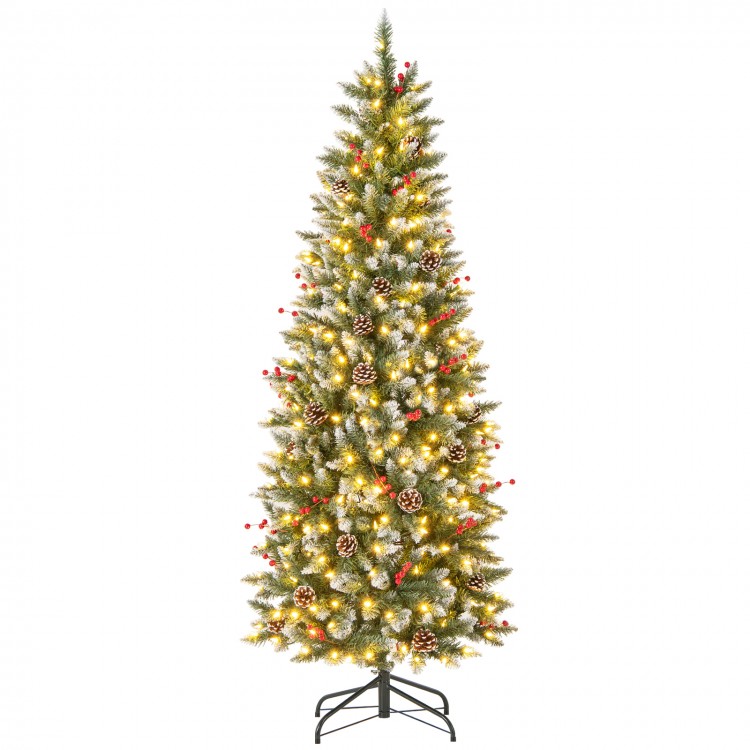 Lush 6ft pre-lit artificial pencil Christmas tree adorned with pine cones and red berries, ideal for creating a festive.