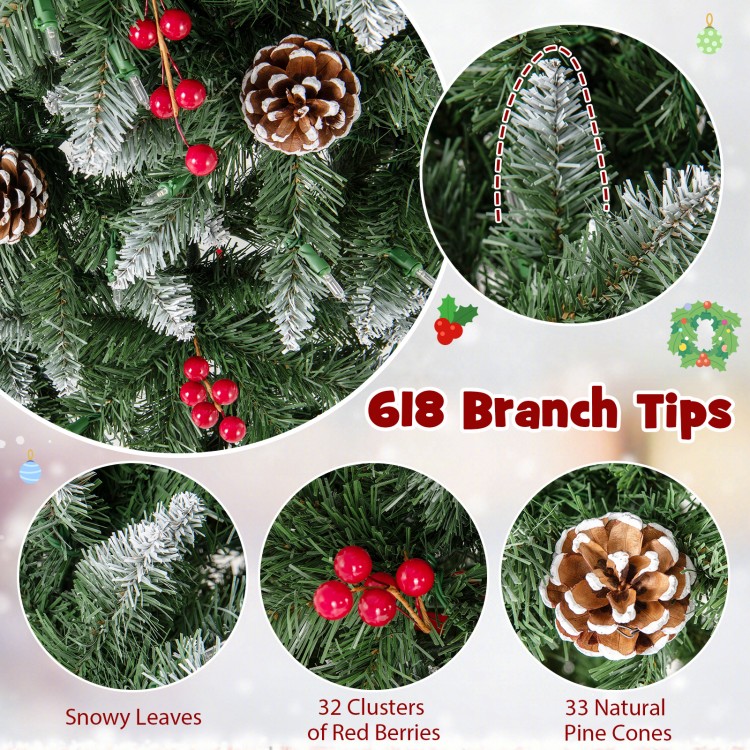 Close-up of the pre-lit artificial pencil Christmas tree featuring 33 natural pine cones and 32 clusters of red berries.