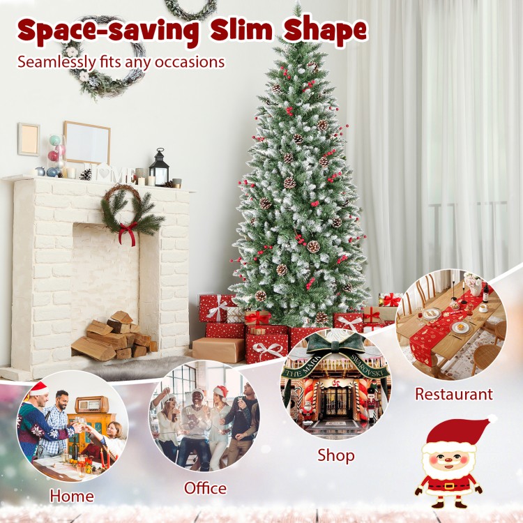Pre-lit 5ft artificial pencil Christmas tree with pine cones and red berries, perfect for home or office holiday decor.