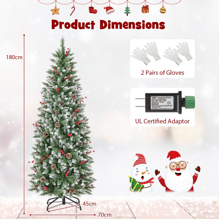 Pre-lit 5ft artificial pencil Christmas tree with pine cones, red berries, and 250 warm white lights for festive decor.