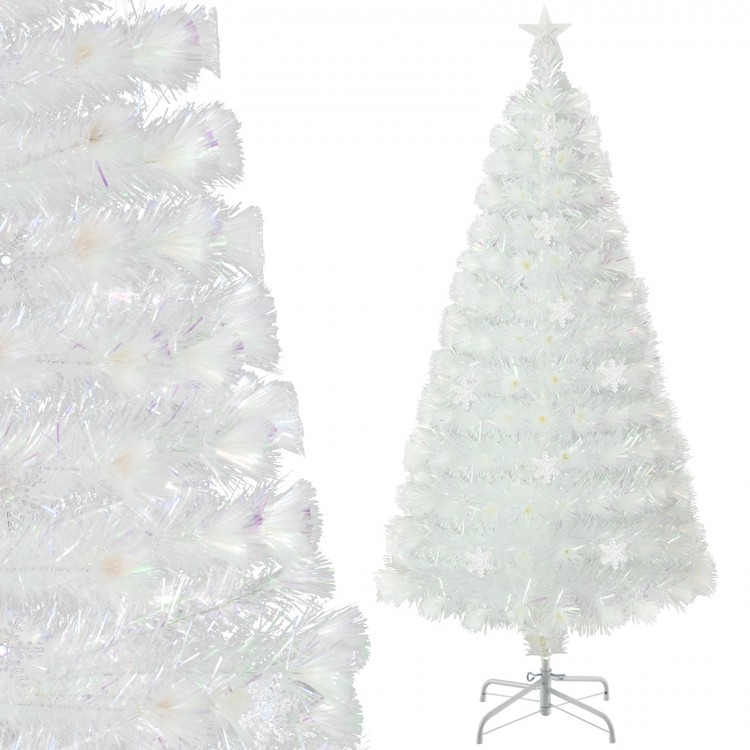 5-foot pre-lit white artificial Christmas tree with iridescent leaves, showcasing its elegant star top and sturdy metal.