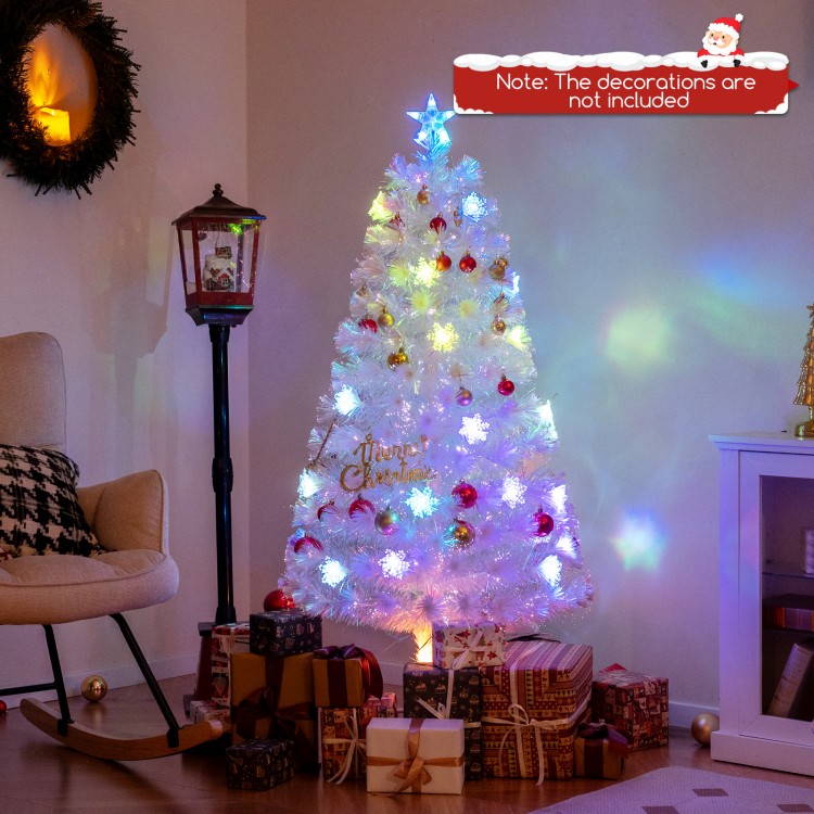 5-foot pre-lit white artificial Christmas tree with iridescent leaves and multi-color LED lights, perfect for festive.
