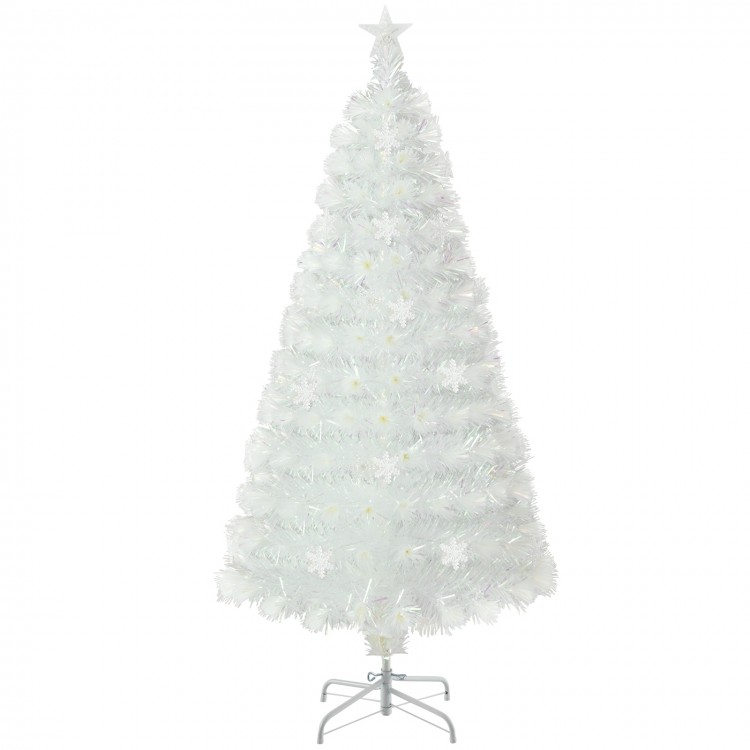 5-foot pre-lit white artificial Christmas tree with iridescent leaves and multi-color LED lights for festive decor.