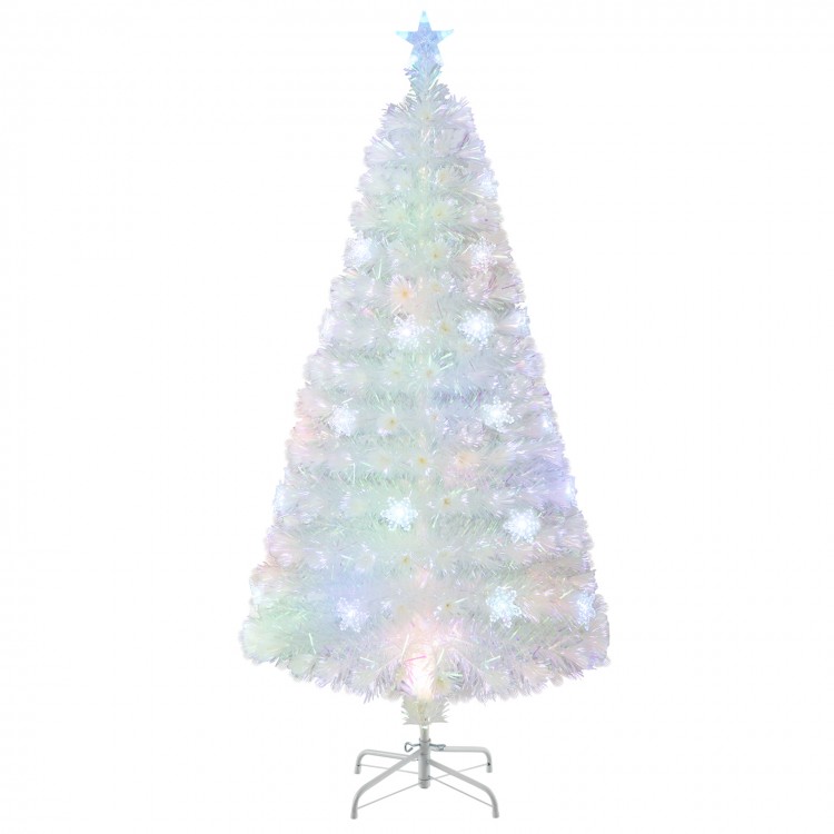 5-foot pre-lit white artificial Christmas tree with iridescent leaves and multi-color LED lights for festive decoration.