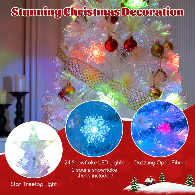 5-foot pre-lit white artificial Christmas tree with iridescent leaves, multi-color LED lights, and dazzling optical.
