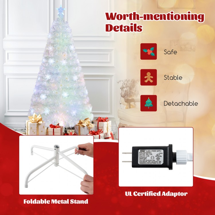5-foot pre-lit white artificial Christmas tree with iridescent leaves, featuring a foldable metal stand and.