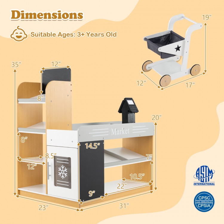 Pretend play grocery store set with shopping cart, featuring realistic cash register and dual chalkboards for kids.