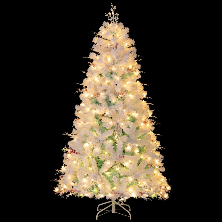 White pre-lit artificial Christmas tree with snow flocked branches and warm LED lights, perfect for modern festive.