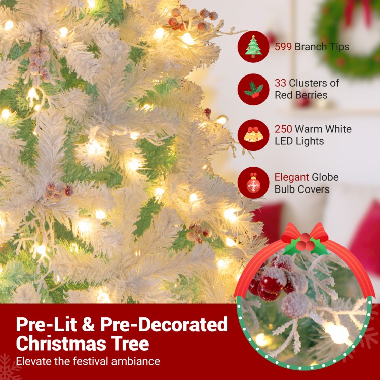 Snow flocked pre-lit artificial Christmas tree with red berries and warm white LED lights for festive elegance.