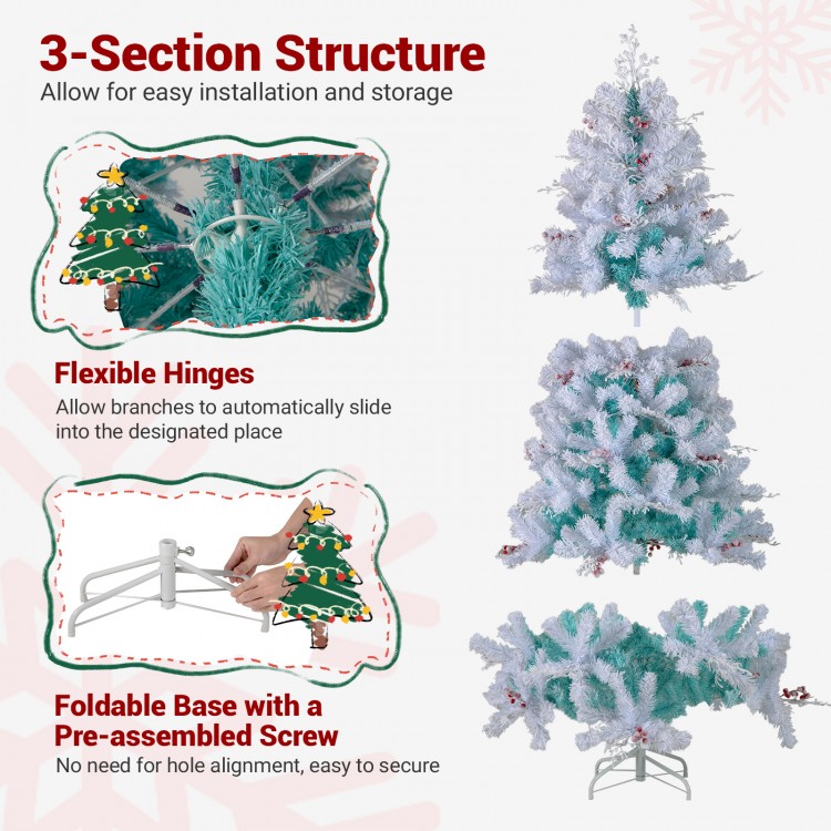 Pre-lit artificial Christmas tree with snow flocked tips, featuring flexible hinges and a foldable metal base for easy.