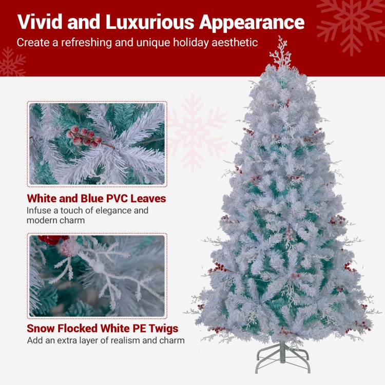 Pre-lit artificial Christmas tree with snow flocked white twigs, white and blue PVC leaves, and red berries for festive.