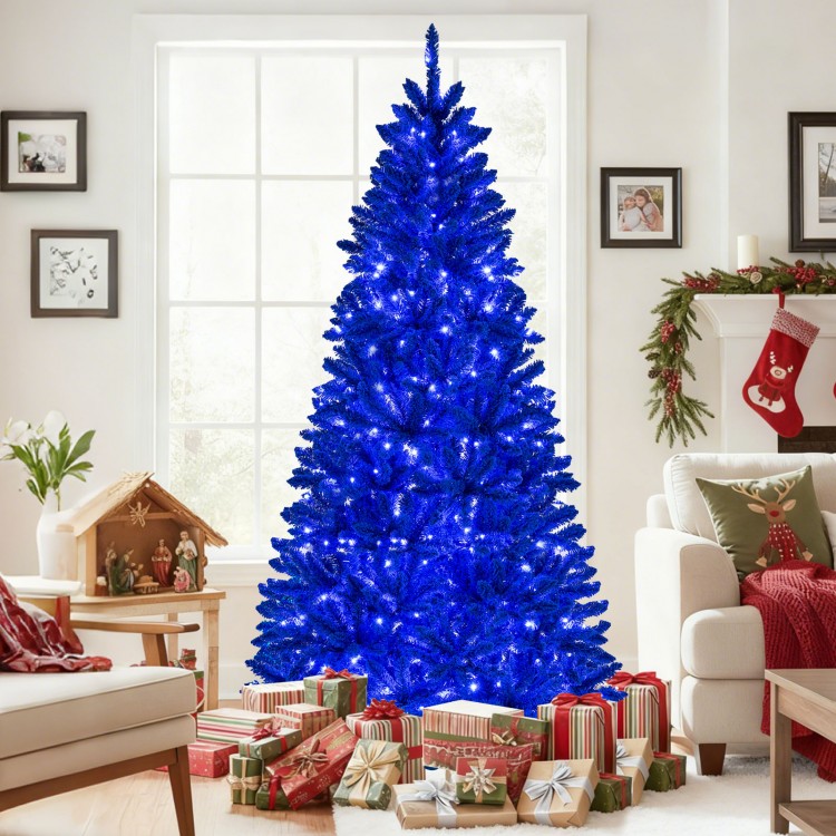 7 ft pre-lit artificial Christmas tree in vibrant royal blue with 340 LED lights, ideal for festive holiday decor.