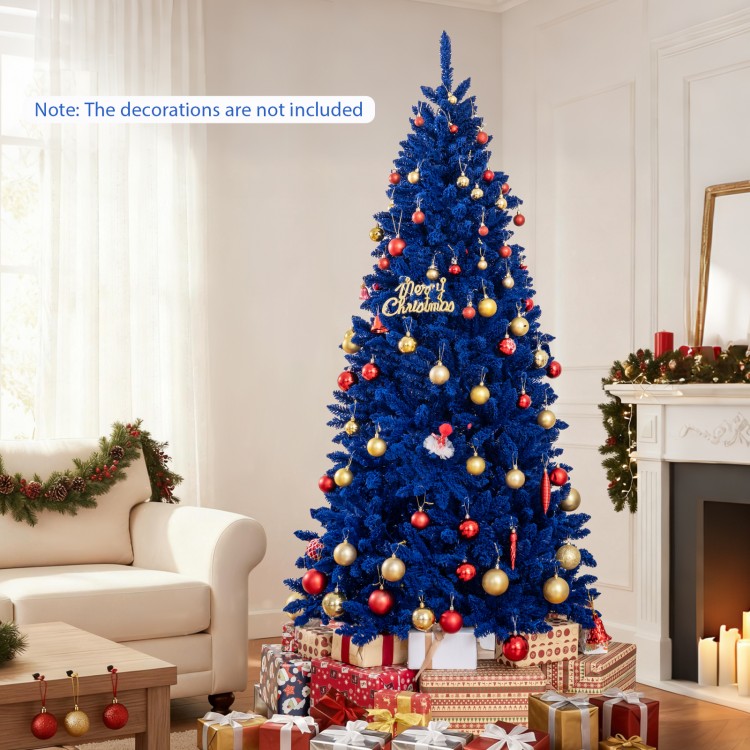 Vibrant 7 ft pre-lit artificial Christmas tree in royal blue with 340 LED lights, perfect for festive holiday decor.