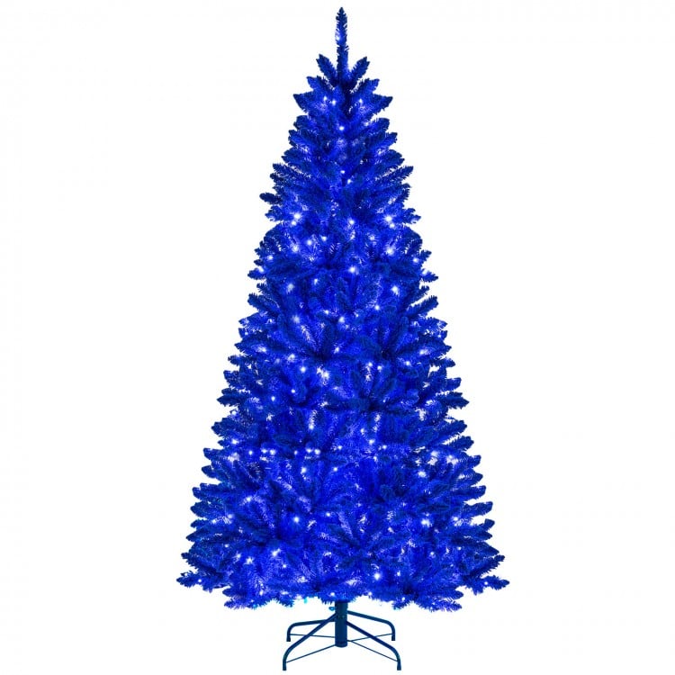 7 ft pre-lit artificial Christmas tree in vibrant royal blue with 340 LED lights, featuring 3 lighting modes and a.