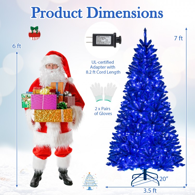 Product dimensions of the 7 ft pre-lit artificial Christmas tree, showcasing its vibrant royal blue color and sturdy.